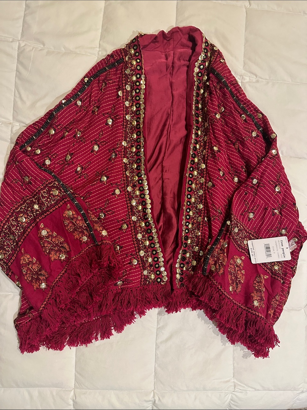 Free People Red Embellished Fringe Cape Jacket